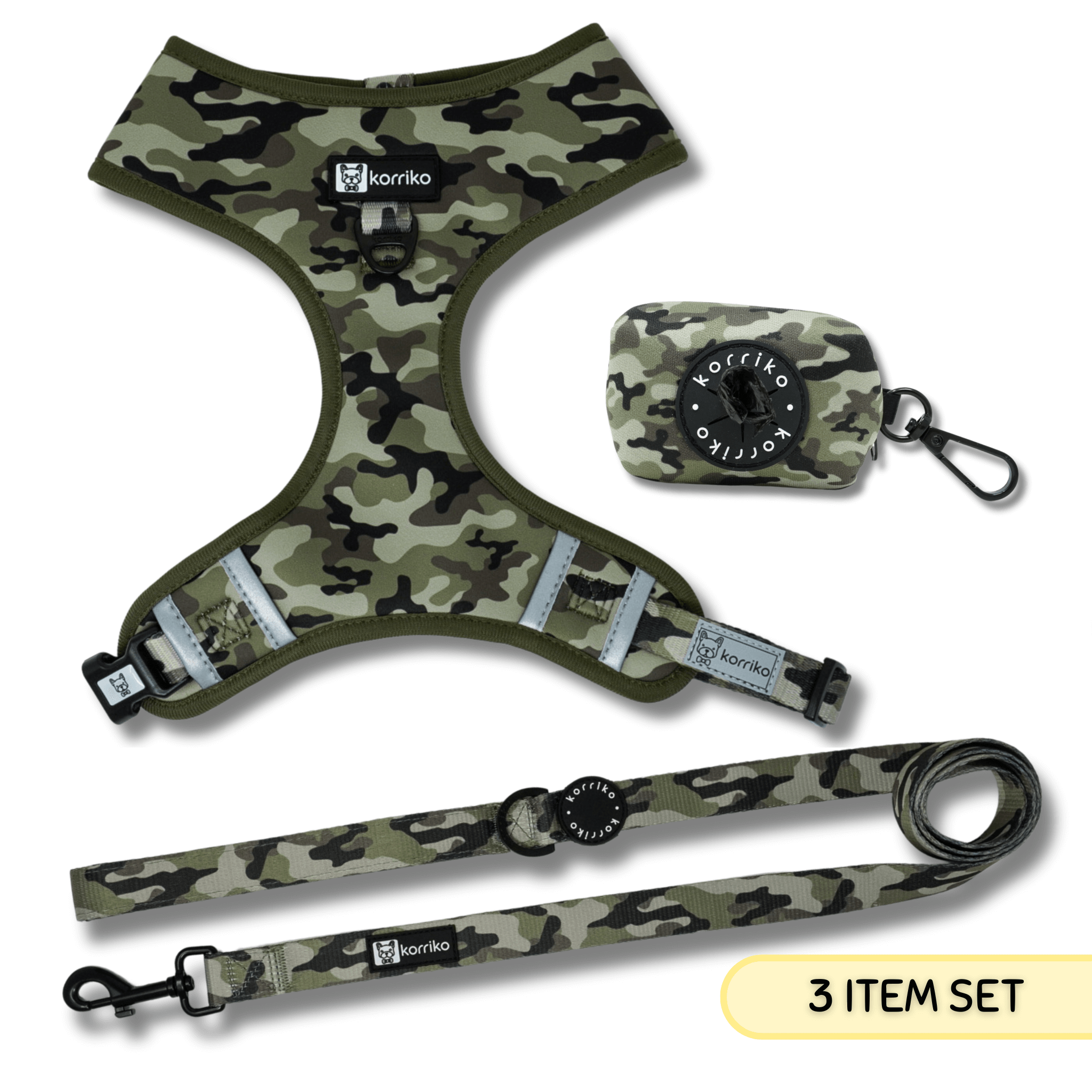 essential dog gear walk set, korriko 3-piece harness leash poop bag dispenser set, matching dog walk gear bundle green camo